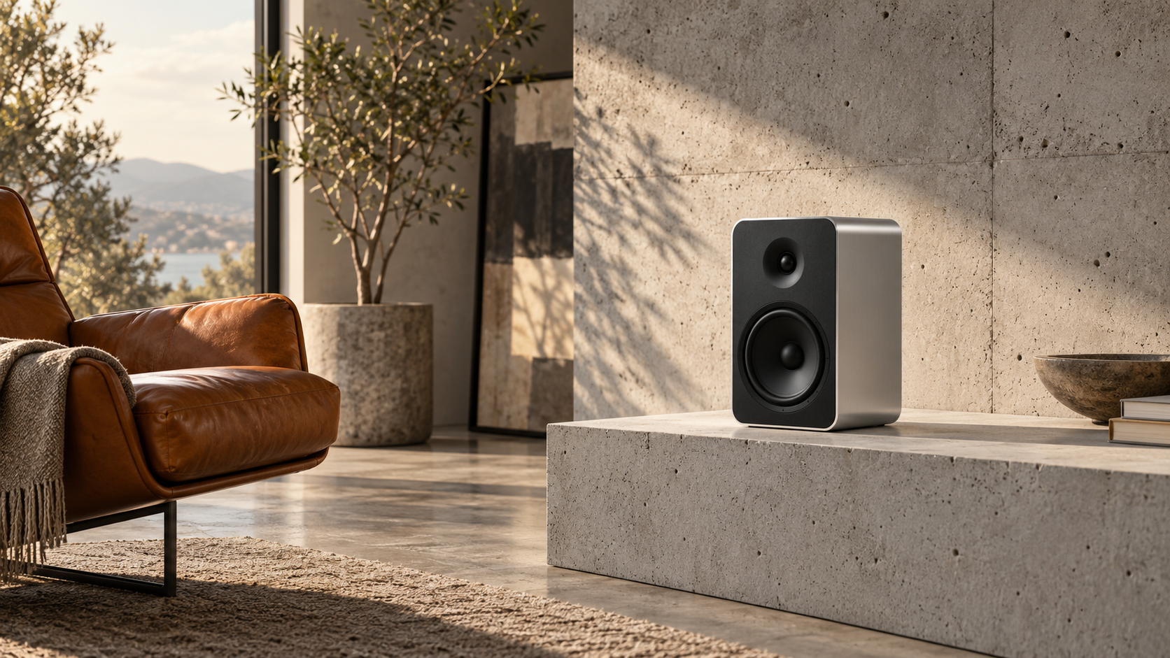 A silver MONO M1 speaker on a concrete plinth beside a cognac leather lounge chair